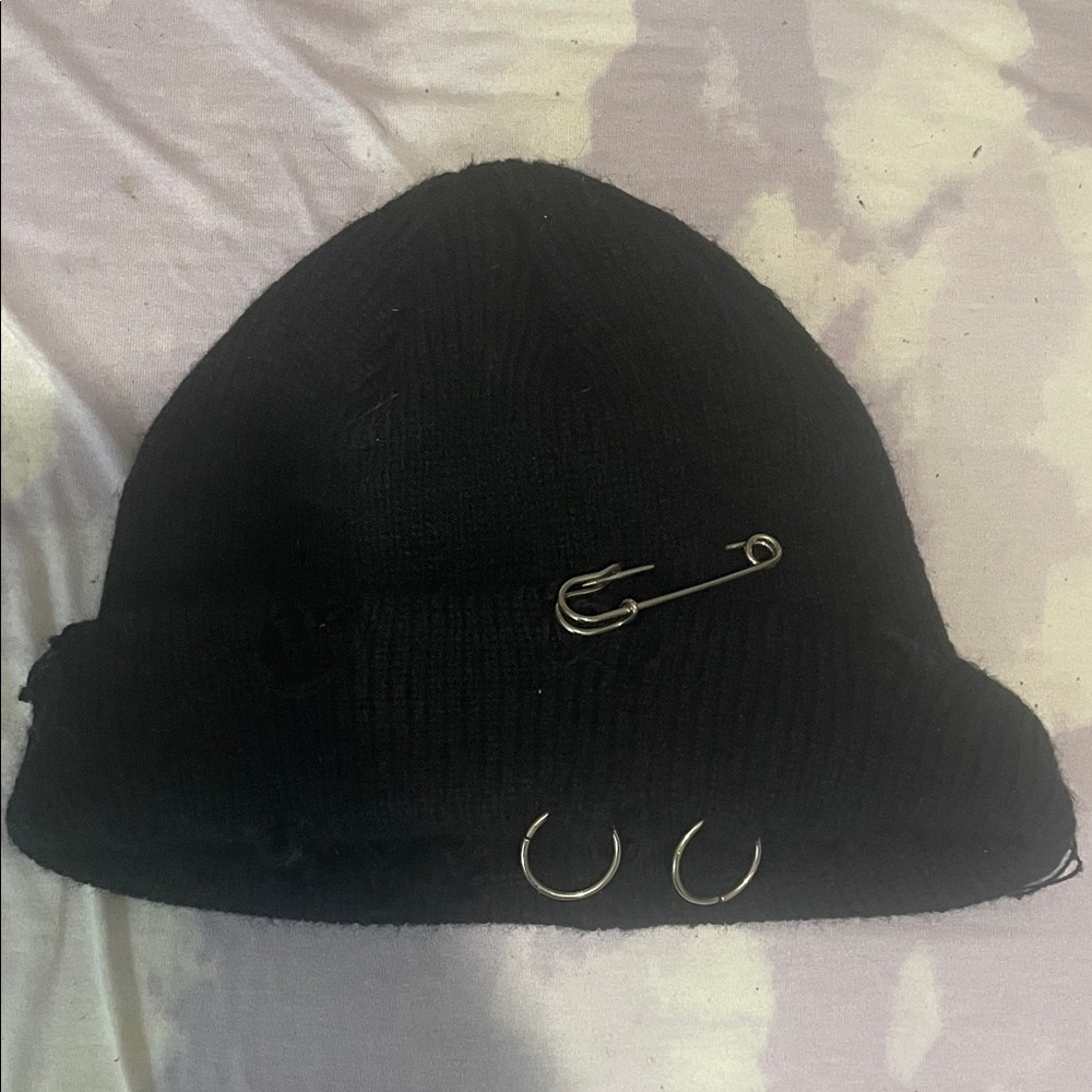 Black Distressed Goth Emo Beanie with Silver Accents